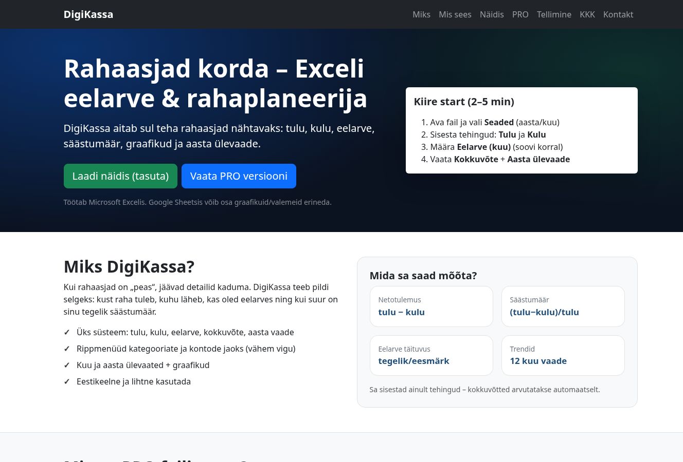 Digikassa.ee avalehe kuvatõmmis
